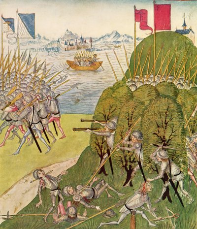 Soldaten gewapend met geweren, lansen en kruisbogen, uit de Berner Chronik, door Diebold Schilling de Oudere (ca.1445-85) 1483 door Swiss School